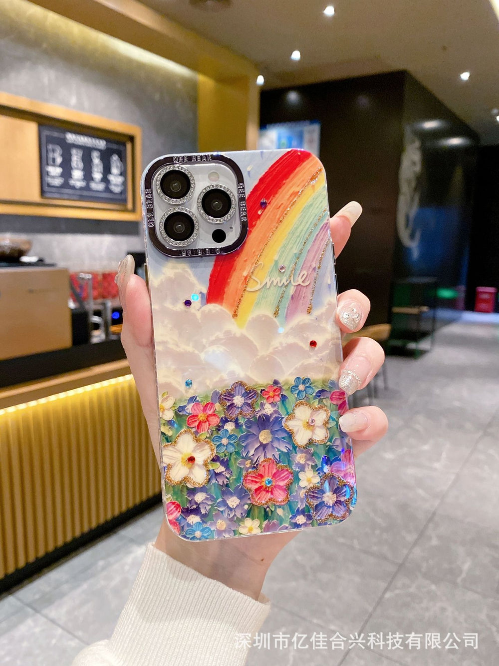 Rainbow floral oil painting iphone 17 pro max diamond glitter phone case, luxury shockproof protective cover for iphone 16 & 15, compatible with iphone 13