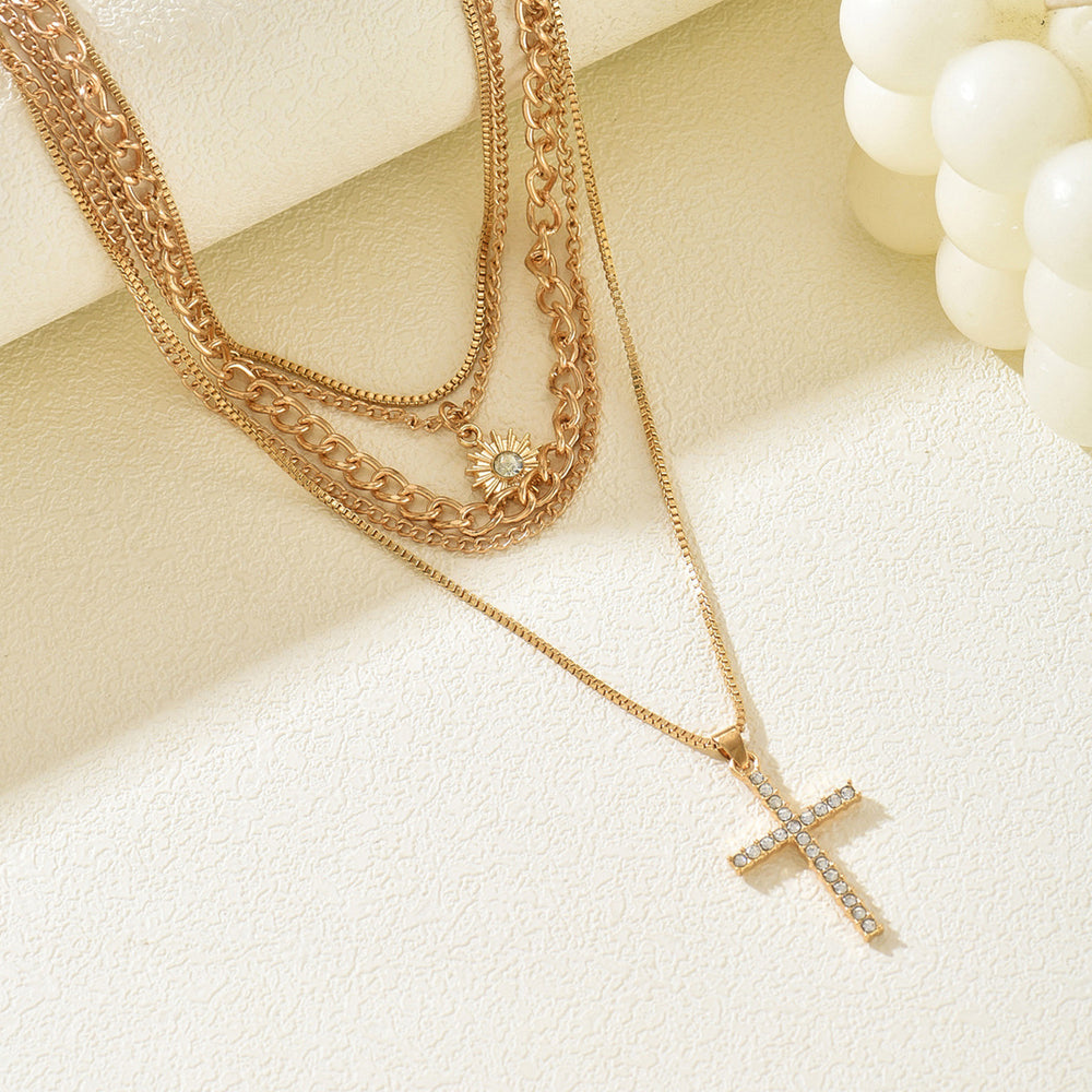 Wholesale diamond-studded cross necklace - european & american cross-border jewelry - women's multi-layered, stackable, high-end sun clavicle chain