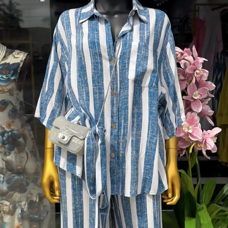 European and american cross-border women's fashion:  spring new collection - stylish blue tie-waist striped shirt and wide-leg pants set