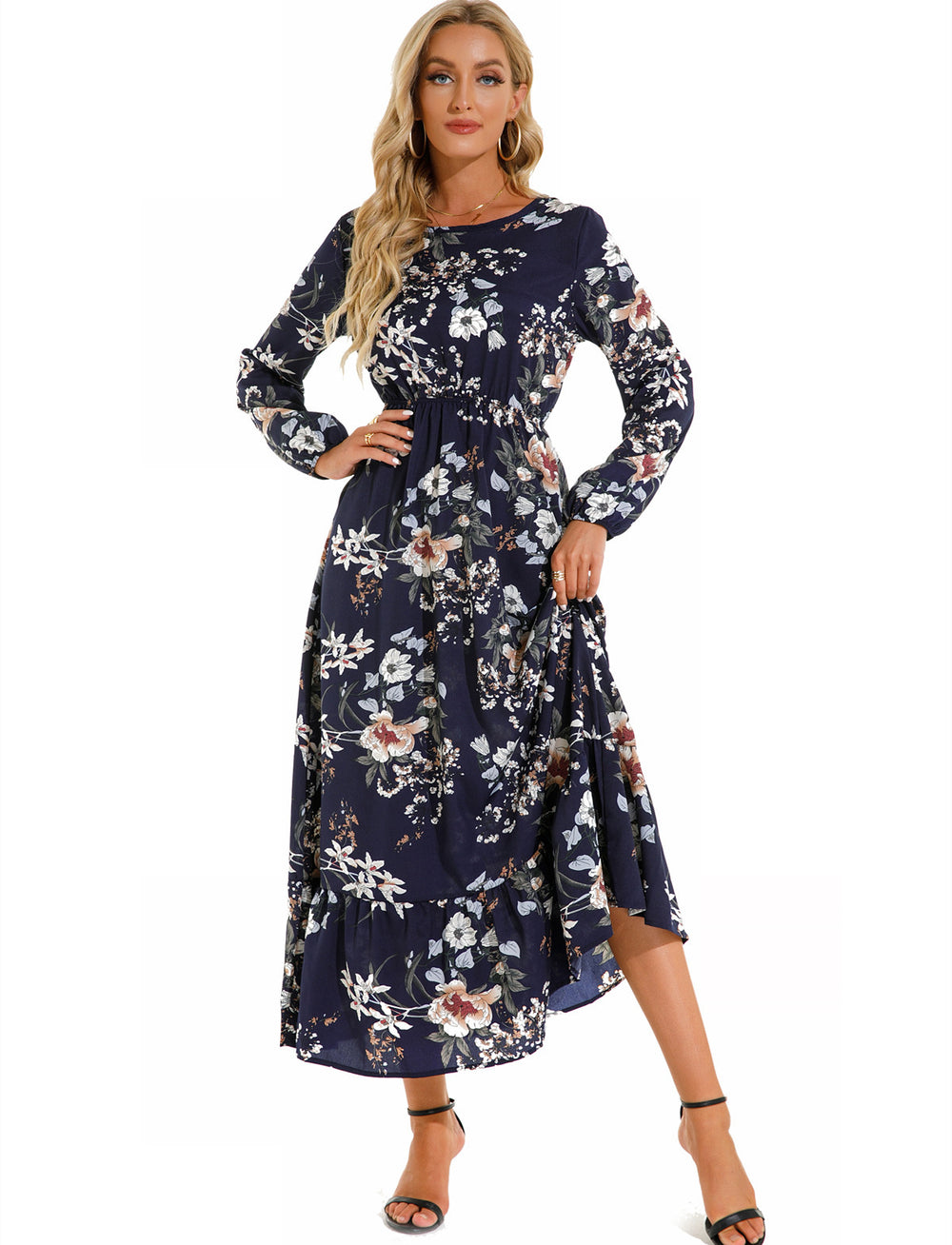 Shopee tk floral dress women's french round neck waist long light mature classysense slimming look cross-border early spring style
