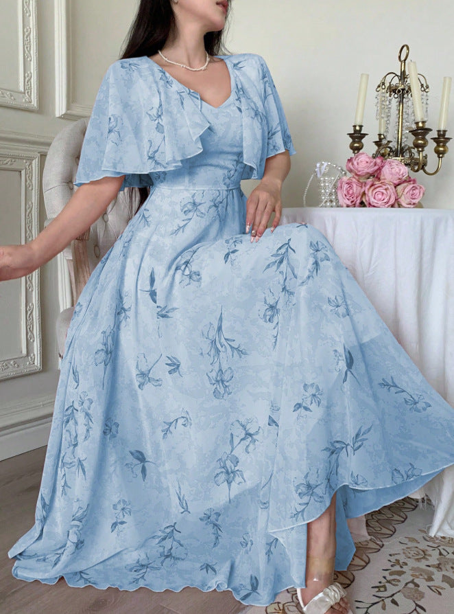 new european and american style white dress with yellow floral print, v-neck, double-layer flutter sleeves, a-line silhouette, and chiffon fabric