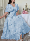 new european and american style white dress with yellow floral print, v-neck, double-layer flutter sleeves, a-line silhouette, and chiffon fabric