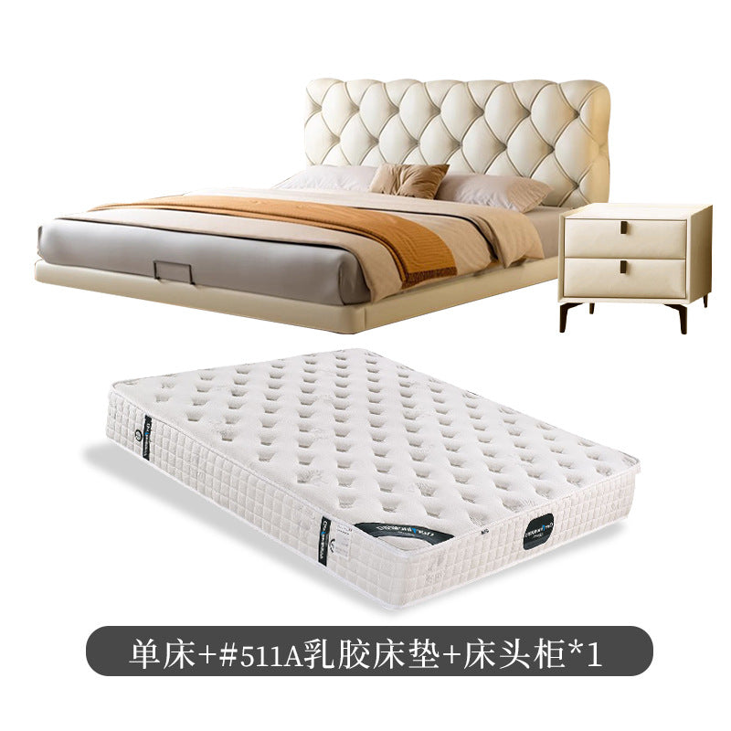 Foshan source factory genuine leather bed master bedroom classyelegant double soft leather bed cream style buckle suspended bed