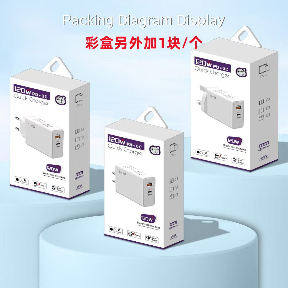 120w dual-port fast charging adapter, eu/uk plug, compatible with apple, huawei, and xiaomi phones