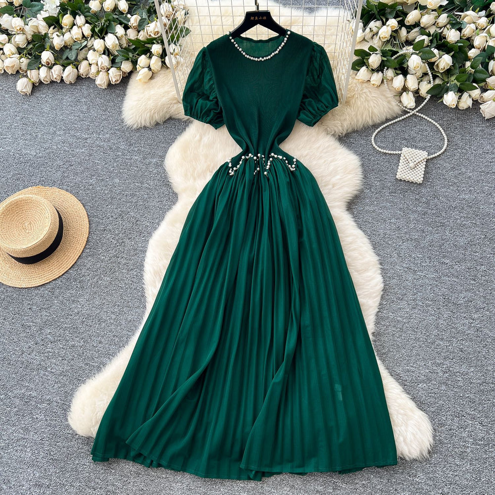 French-style heavy beaded and rhinestone embellished round neck puff sleeve dress - women's  summer cinched waist elegant pleated maxi dress