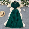 French-style heavy beaded and rhinestone embellished round neck puff sleeve dress - women's  summer cinched waist elegant pleated maxi dress