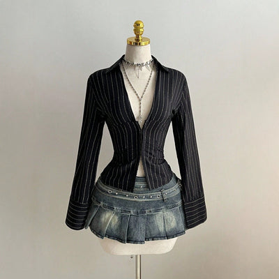In-stock - 95116#  cross-border v-neck striped slim-fit button-down sexy & sweet women's long-sleeve blouse