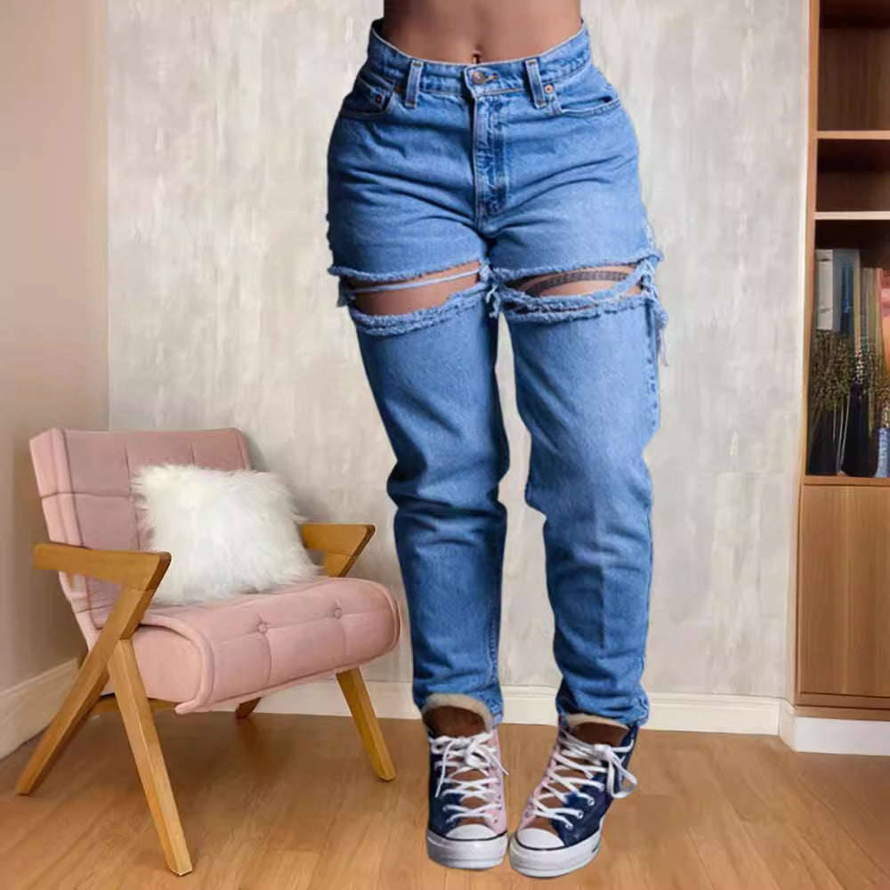 Processing personalizedjeans women's new arrivalexportloose ripped straight-legcasual pants worn washedjeans