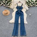 Korean style sleeveless overalls for women,  spring new arrival, hong kong retro style, high-waisted slimming denim pants with metal buckle detail
