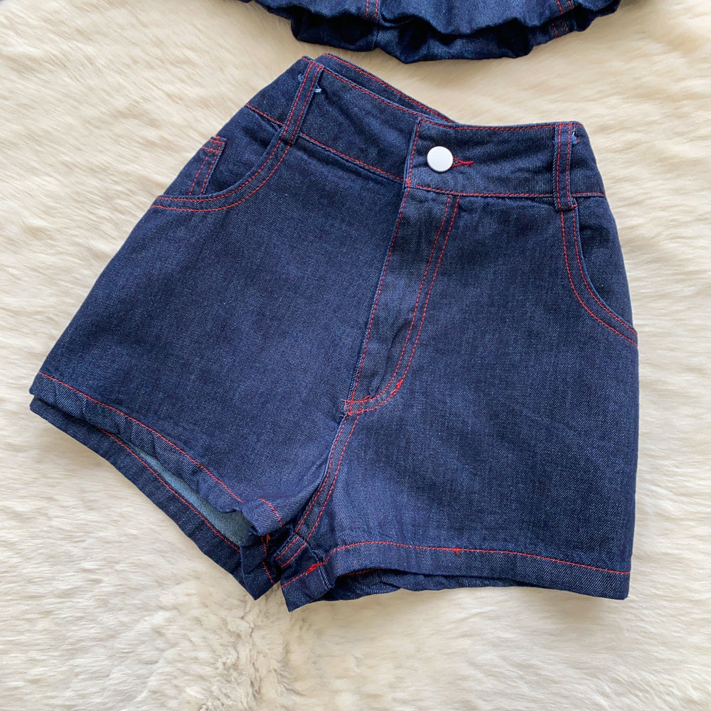Spicy girl style halter denim vest and shorts two-piece set - women's summer slim-fit, figure-flattering, chic outfit for work and casual wear