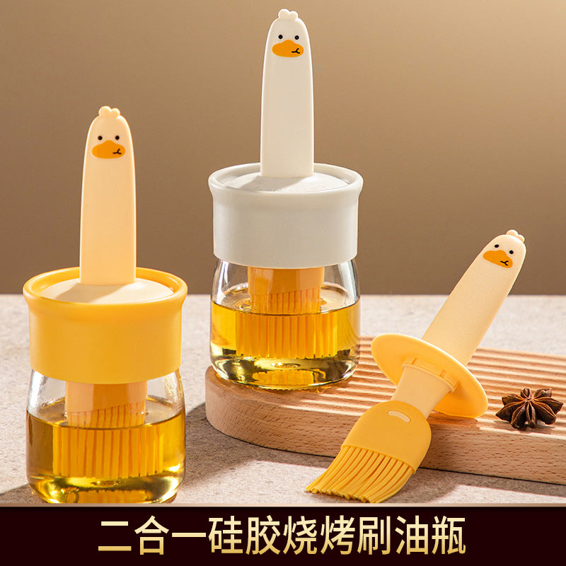Cartoon oil brush with bottle, kitchen household high temperature resistant oil brush, integrated food grade silicone oil pot brush with oil bottle