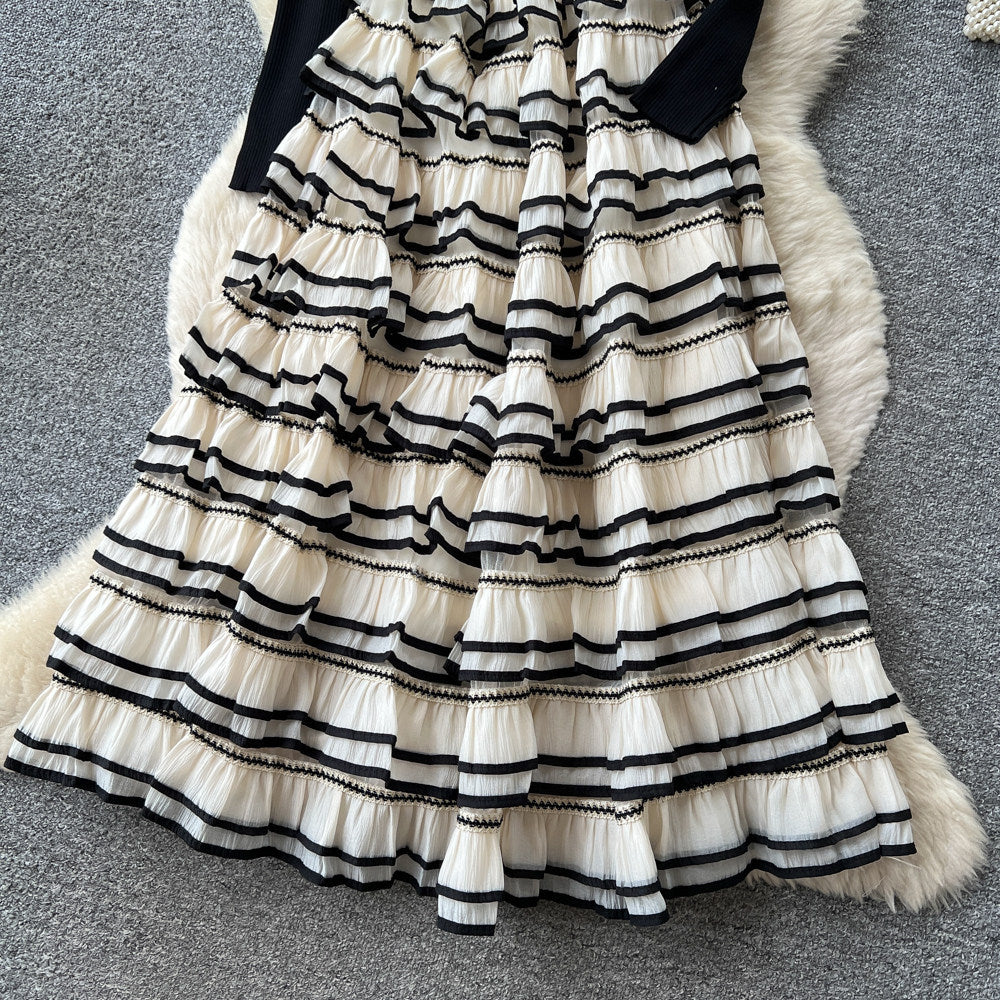 French style faux two-piece color block striped a-line cake dress - women's autumn knit long sleeve high waist slimming commute dress
