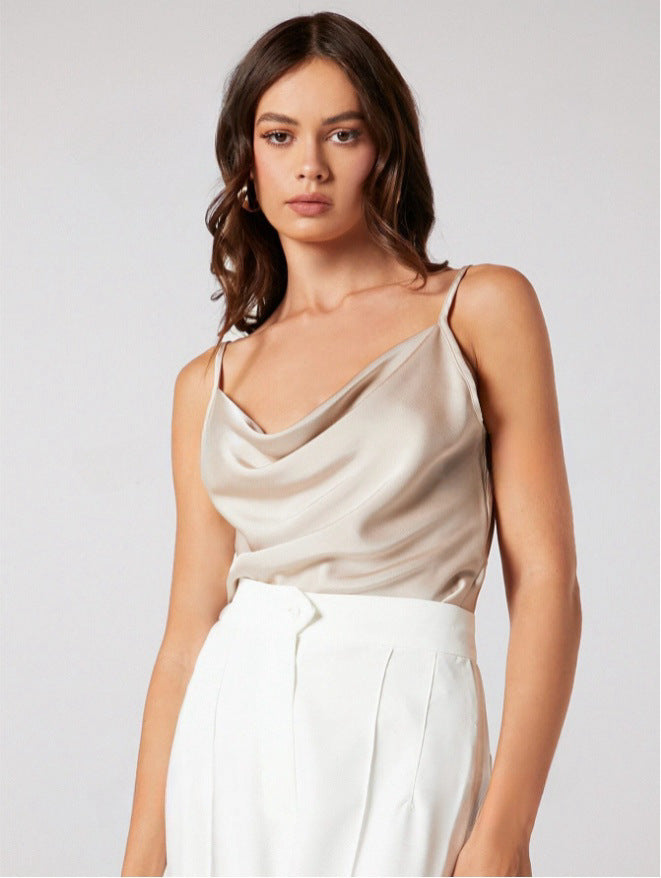 Suit with artificial silk satin suspenders women's stacked collar outwear sexy bottom swing collar short tops
