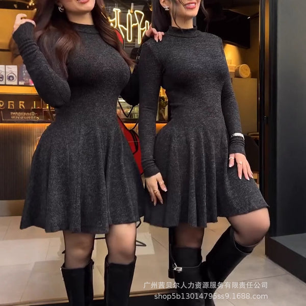 LZR19108 European and American black threaded double grinding long-sleeved high-waisted waist flared skirt