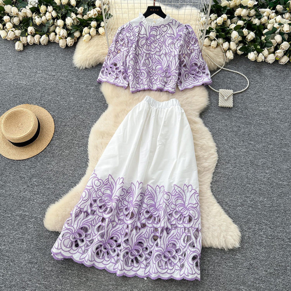 French court retro hollow-out crochet cropped top + high-waisted flared midi skirt two-piece summer outfit - effortless chic