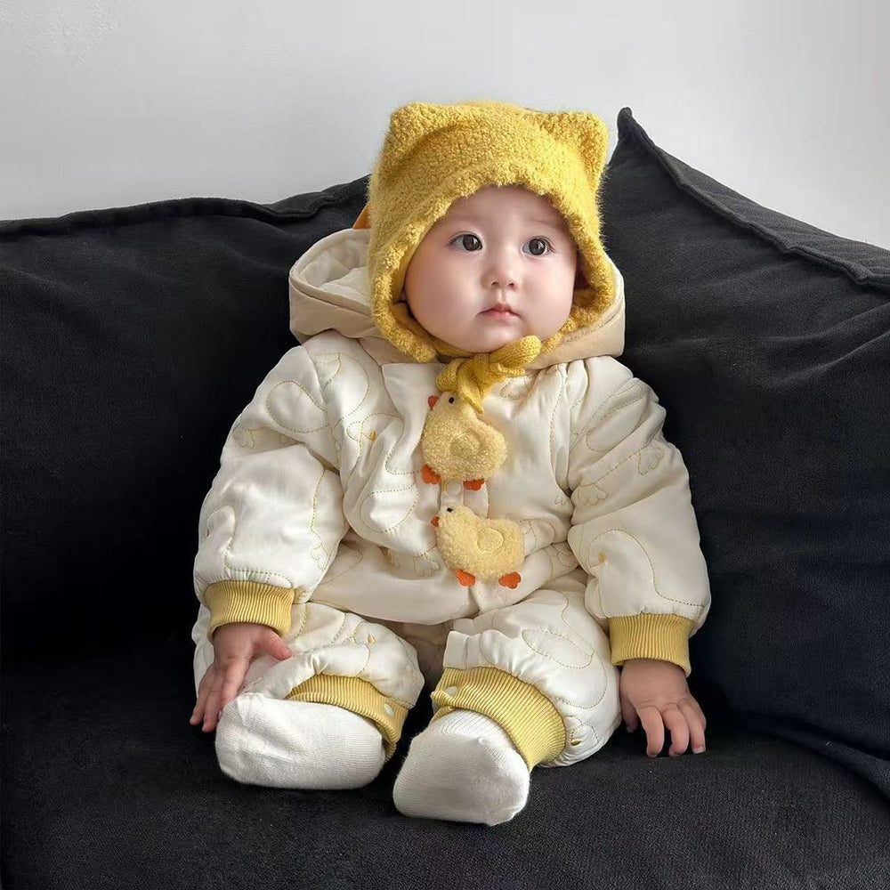Winter baby medium-thick outwear bodysuit, warm fleece-lined romper, newborn cartoon onesie