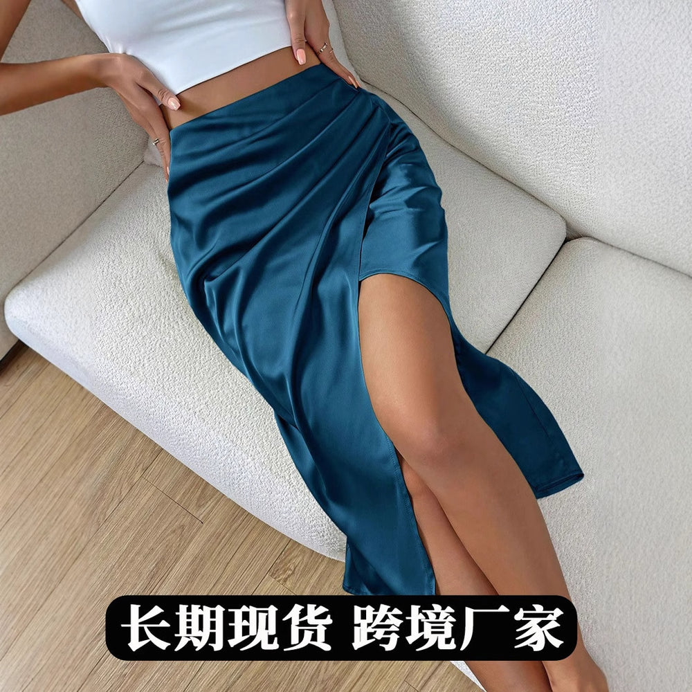 Women's fashion   european and american summer new satin midi skirt - pleated, slit, satin skirt wholesale