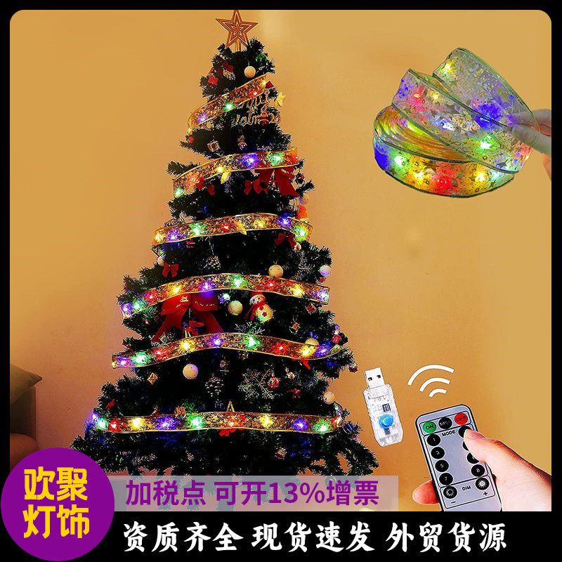 Cross-border Christmas ribbon LED light string Christmas tree decorative light Satin light gift box decorative ribbon flash light string