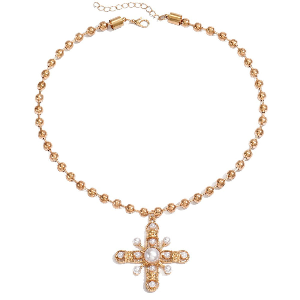 Imitation pearl cross necklace wholesale european and american cross-border pendant niche eight-pointed star retro beaded chain clavicle chain