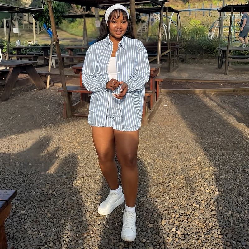 European and american cross-border women's fashion:  autumn new collection - stylish turn-down collar, loose fit, long sleeve striped shirt and high-waisted shorts set