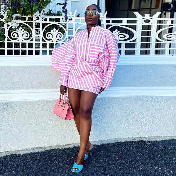 European and American  women's clothing 2025 summer new fashion loose long-sleeved striped shirt high waist skirt set