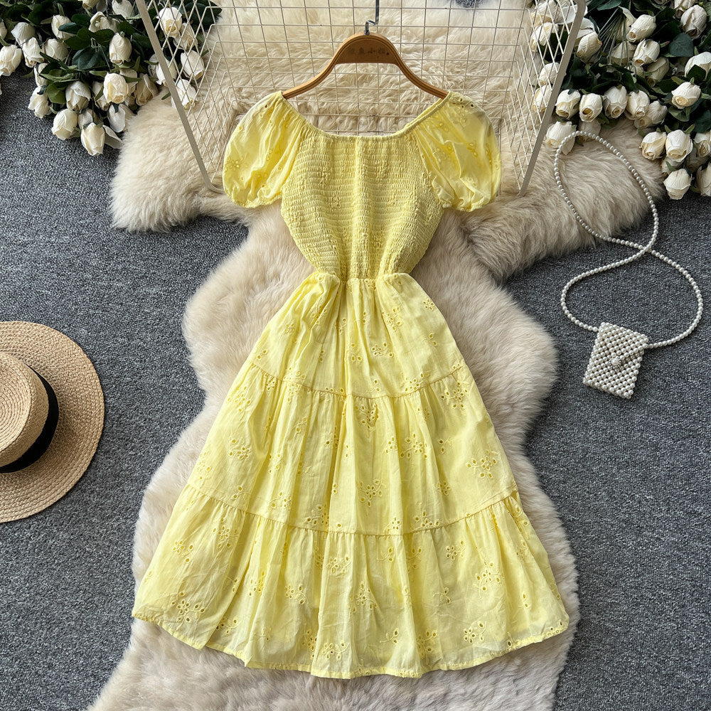 French chic one-shoulder bubble sleeve a-line dress - women's summer korean style short sleeve high waist slimming elegant dress
