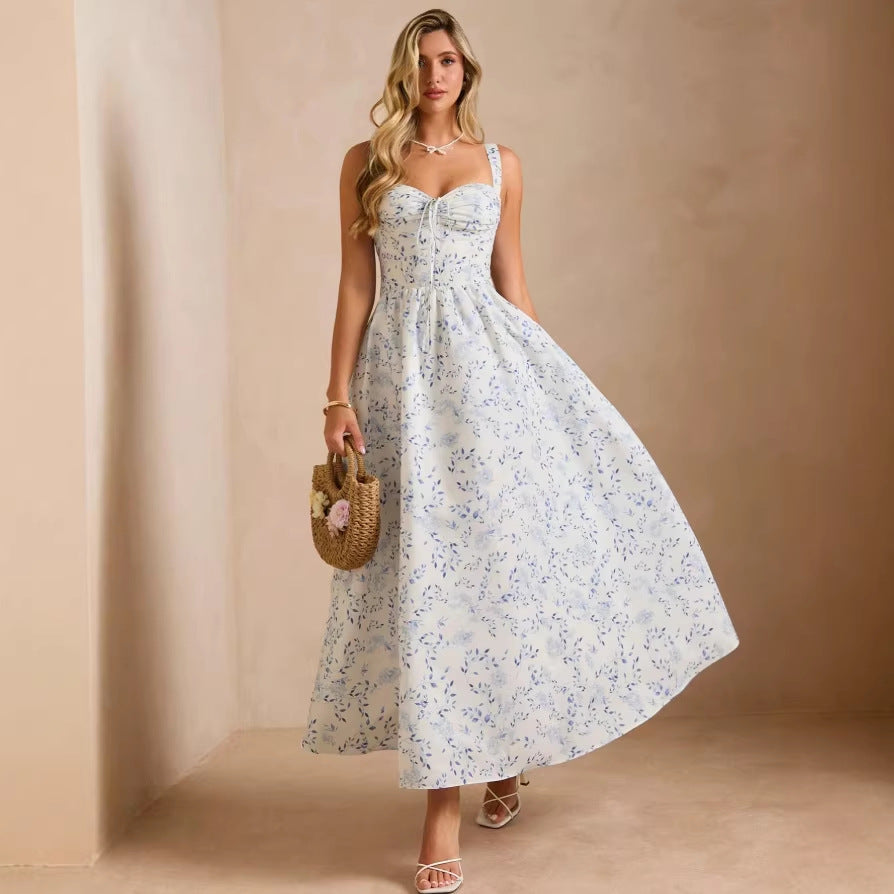 european and american cross-border french floral print a-line maxi dress