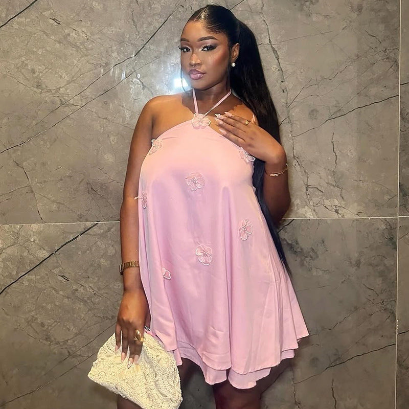 European and american cross-border women's fashion  summer new arrival: elegant halter neck asymmetrical pink camisole dress with 3d floral appliqués