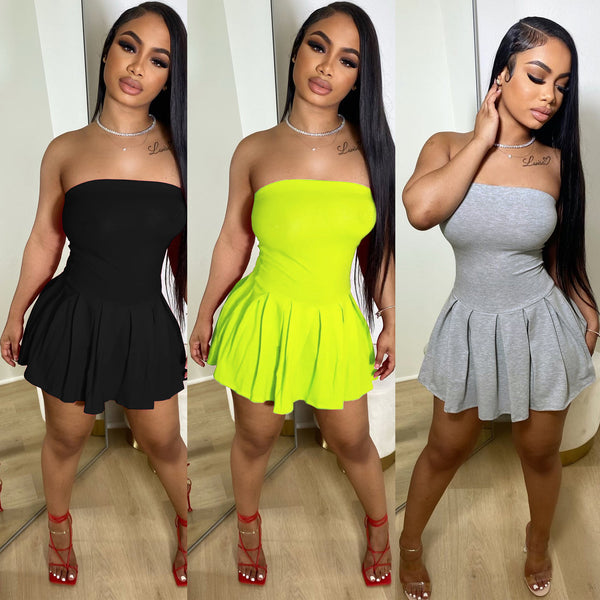 TW477 European and American women's clothing 2024 summer new fashion slim-fitting high-waisted pleated skirt solid color off-the-shoulder tube top dress