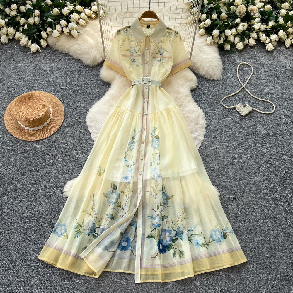 French heavy industry lapel printingdress women's summer long sleeves waist a-line skirt elegant gentle style vacation long skirt