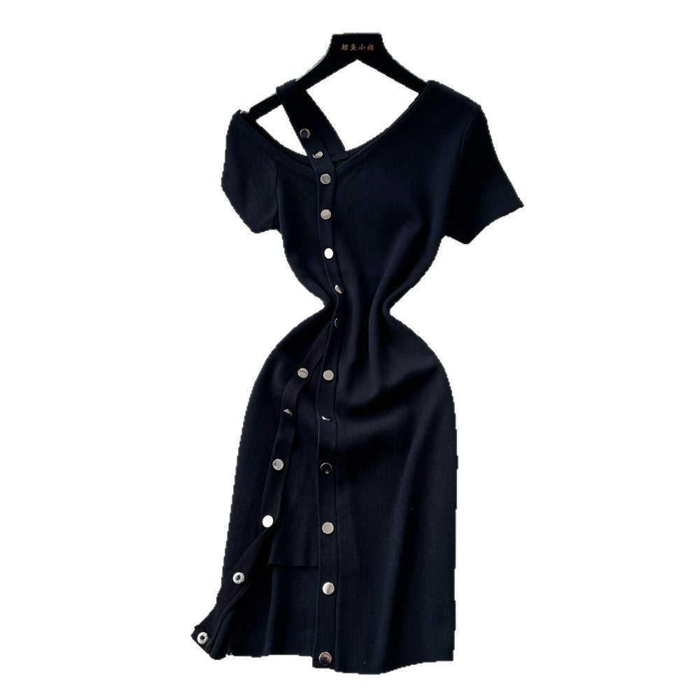 K-stylesexyv neck short-sleeved metal button knittingdress women's summer oblique shoulder slimming look silmelegant hip skirt