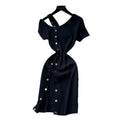 K-stylesexyv neck short-sleeved metal button knittingdress women's summer oblique shoulder slimming look silmelegant hip skirt