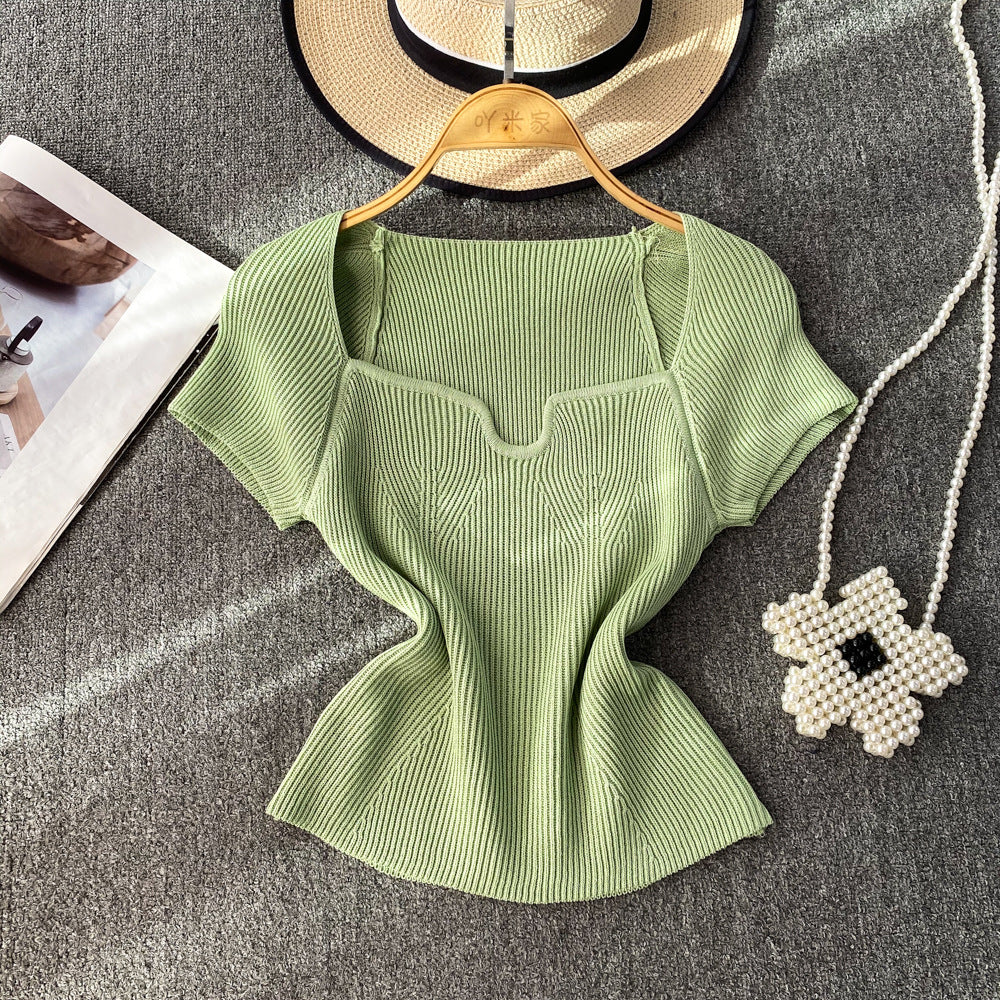 Summer hot girl style short t-shirt short sleeve sense of designniche style square neck heart exposed collarbone exposed navel knitting shirttops women