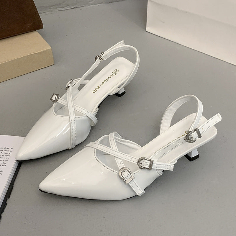 2025 new french-style patent leather pointed-toe pumps with buckle strap, soft sole, stiletto heel