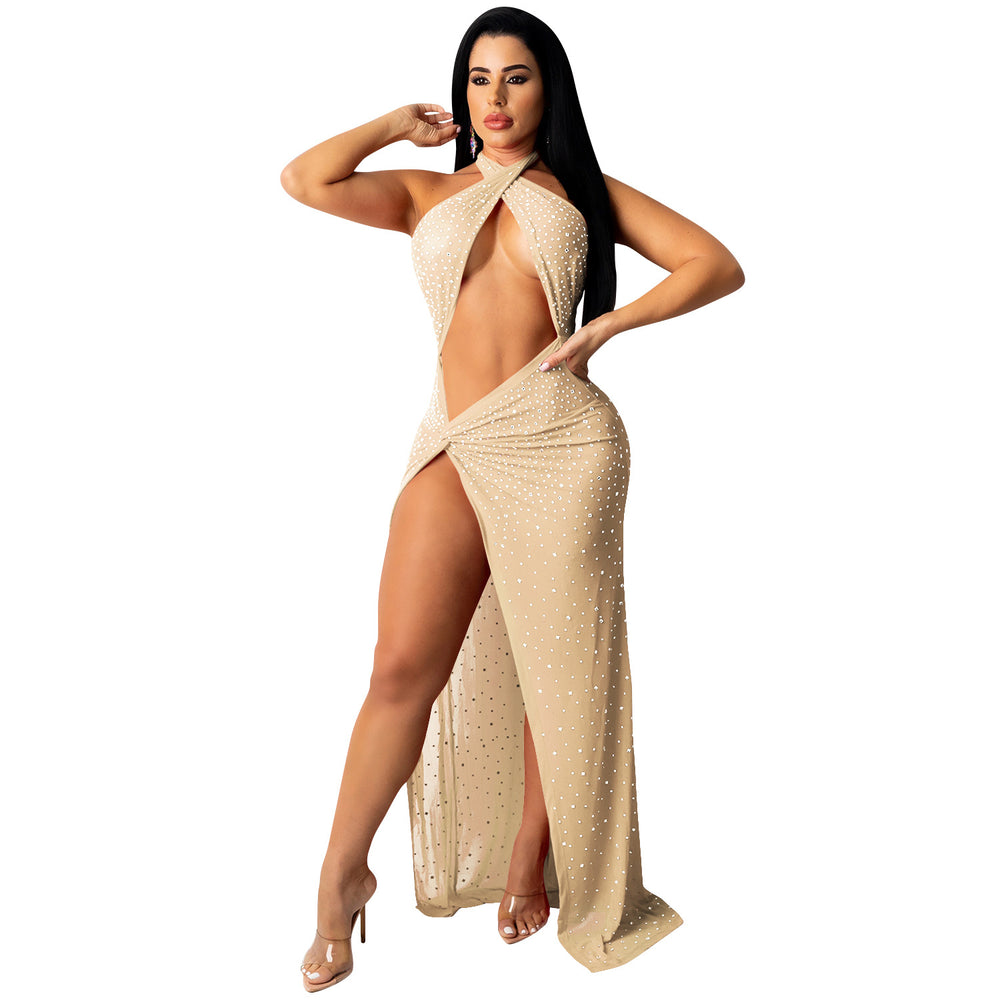 X5326 cross-border fashion new product nightclub sexy hot diamond inlaid diamond mesh see-through women's chest-wrapped slit dress
