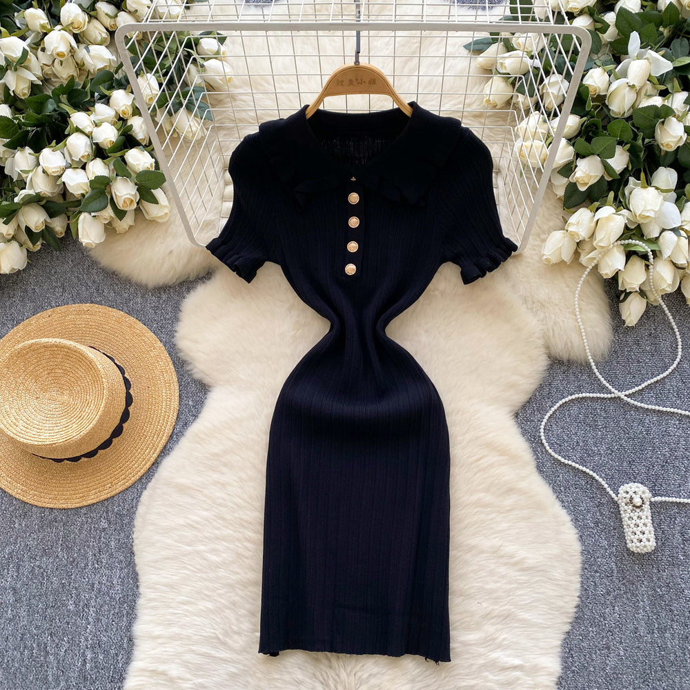 Frenchretro doll collar short-sleeved waist knittingdress women's summerslimming lookelegant tight hip-hugging sweater skirt