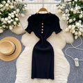 Frenchretro doll collar short-sleeved waist knittingdress women's summerslimming lookelegant tight hip-hugging sweater skirt