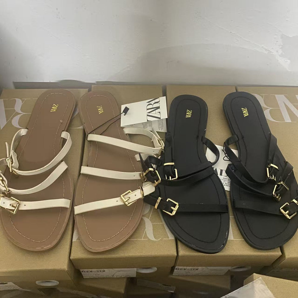 Za women's flat roman sandals - new summer 2025 collection - ladies' fashionable criss-cross buckle detail, solid color