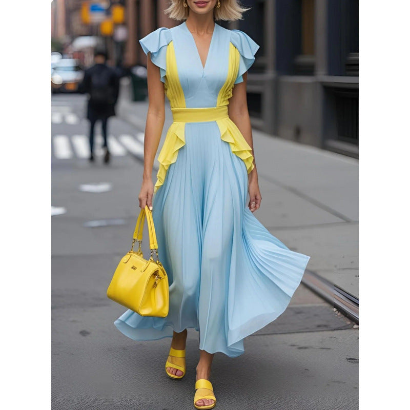 Amazon european style elegant color block ruched v-neck maxi dress - new summer slimming and figure-flattering dress