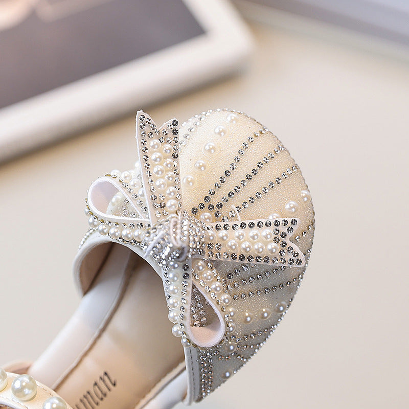 Girls' beaded bow princess shoes - new spring/autumn collection - mary jane style leather shoes for kids - soft sole, stylish dance shoes