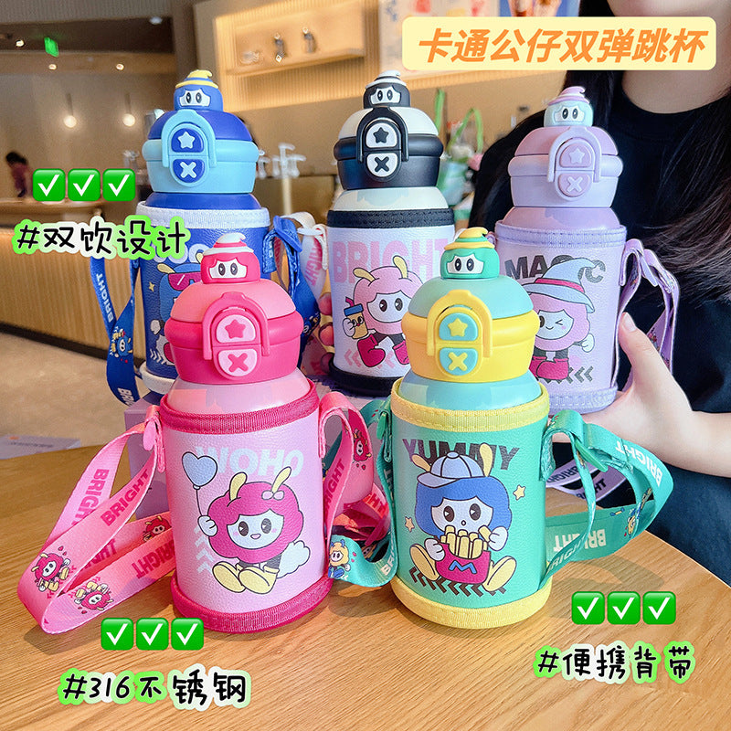 Double-drink kids' thermos cup - 316 stainless steel, food-grade, cute cartoon design, student straw cup