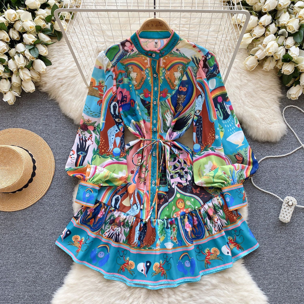 Super fairy seaside vacation v neck floral dress women's summernew arrivaltie back waist large hem pleated fairy skirt