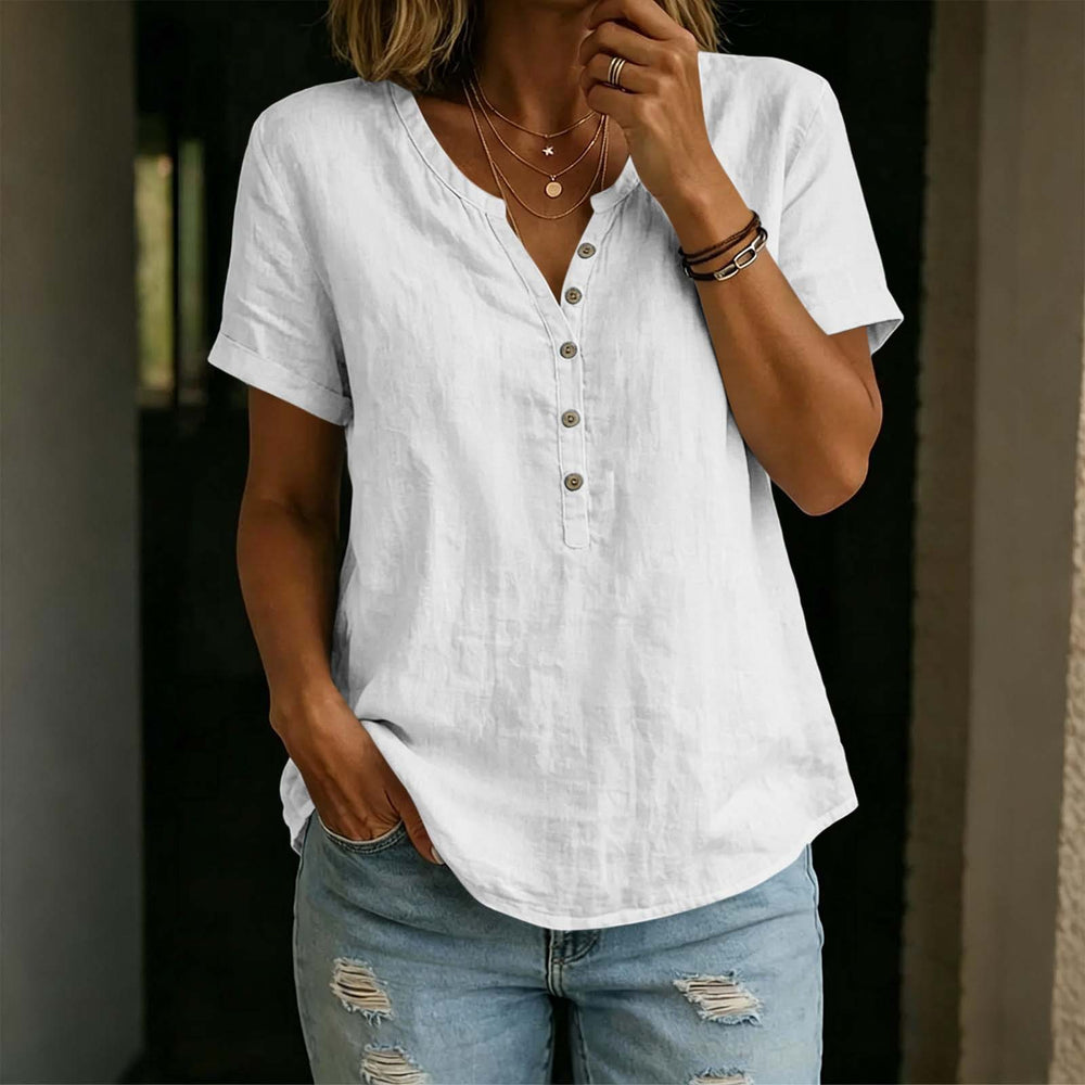 cross-border fashion  women's casual solid color cotton linen short-sleeve half-open v-neck button-down top