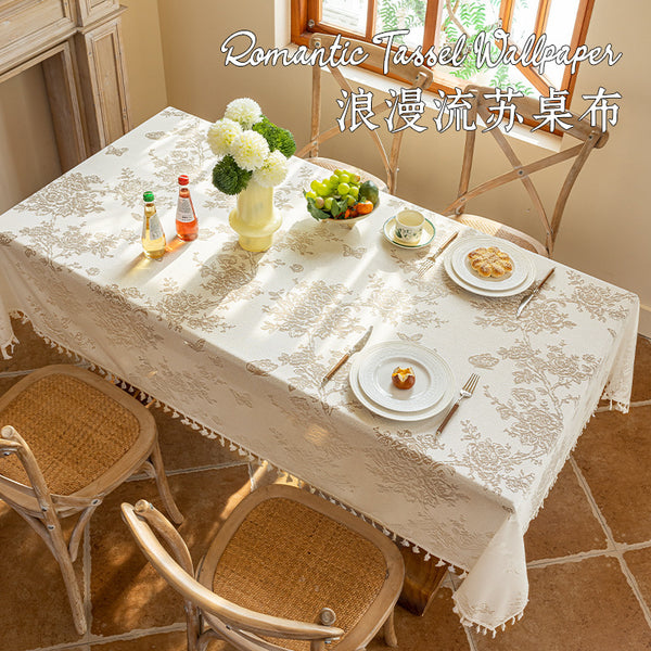 French light luxury fringed jacquard tablecloth, polyester hollow restaurant dust tablecloth, rectangular mesh cover cloth free shipping