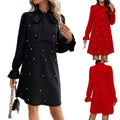 e-commerce  early spring independent store european and american women's clothing tie-up beaded long-sleeved solid color dress