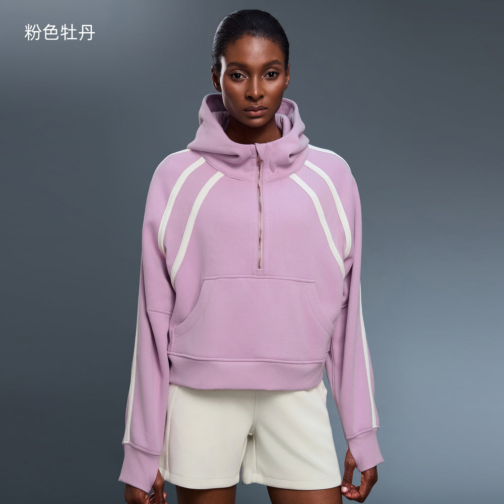 High collar half-zip hooded sweatshirt women's fleece-linedloosecontrast color sports topseasiest for matchcasualoutweard25159