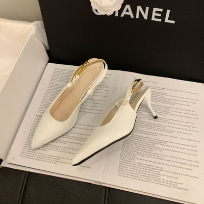 Gentle high heels women's stiletto heels 2025autumnew arrival pointed toe one-piece buckle toe sandals patent leather back empty flats