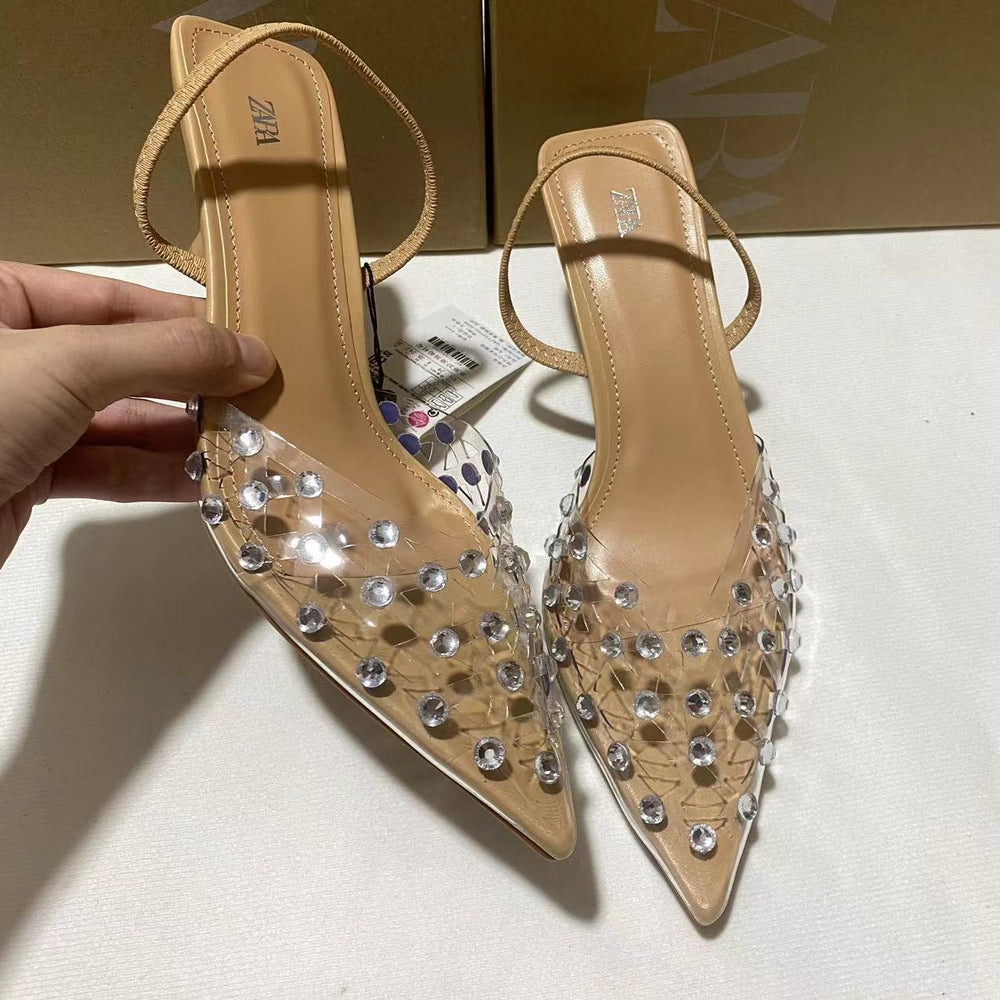 Za baotou transparent sandals women's 2024 new rhinestone fashioneleganteasiest for match pointed toe high heels
