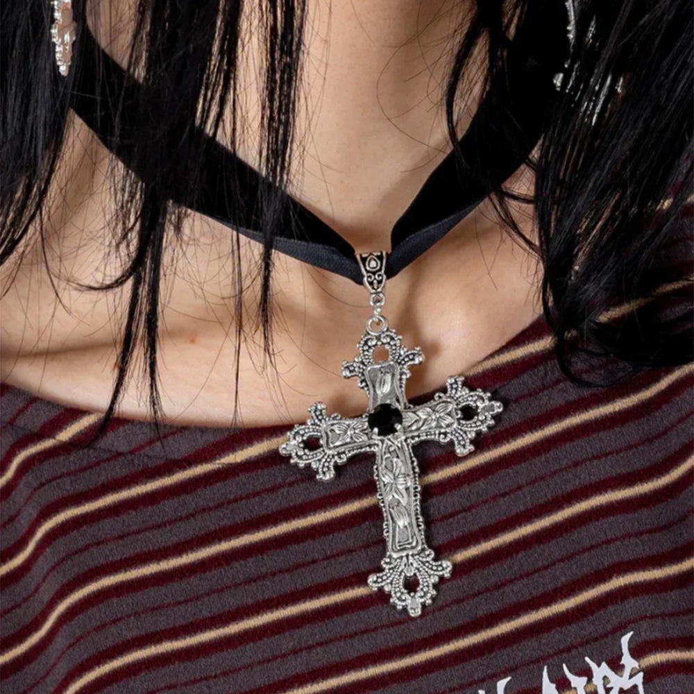 Gothic cross necklace wholesale - cross-border hot seller - unique & edgy hollow floral fabric choker necklace
