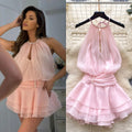 Pure desire halter beaded suspender dress goddess elegant waist ruffles chiffon skirt fairy vacation skirt